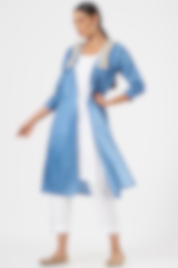 Dusty Blue Linen Blend & Silk Jacket Set by Poshak apparels