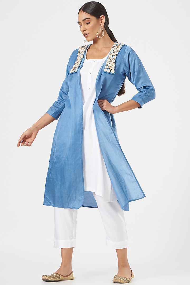 Dusty Blue Linen Blend & Silk Jacket Set by Poshak apparels