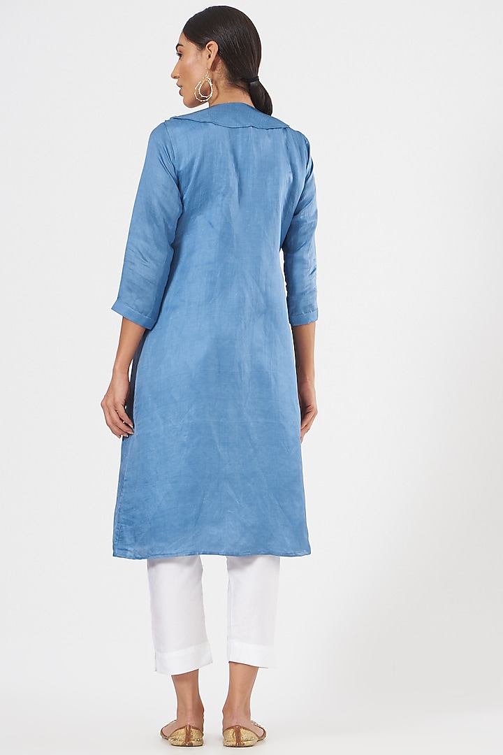 Dusty Blue Linen Blend & Silk Jacket Set by Poshak apparels at Pernia's Pop Up Shop