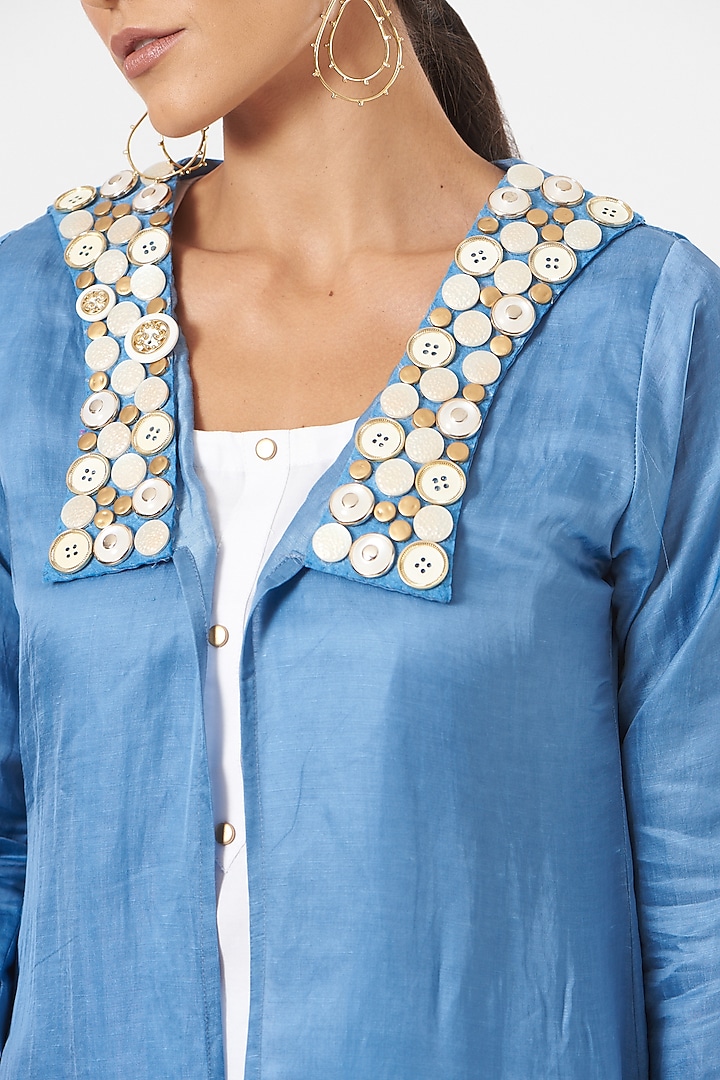 Dusty Blue Linen Blend & Silk Jacket Set by Poshak apparels at Pernia's Pop Up Shop