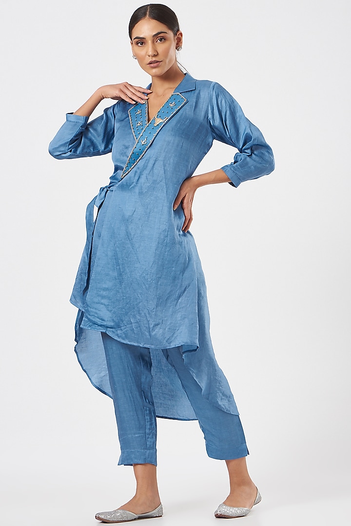Dusty Blue Linen Blend & Silk Straight Pant Set by Poshak apparels