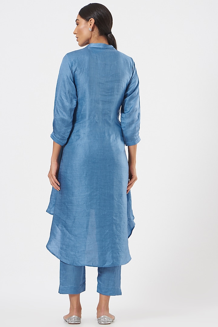 Dusty Blue Linen Blend & Silk Straight Pant Set by Poshak apparels at Pernia's Pop Up Shop