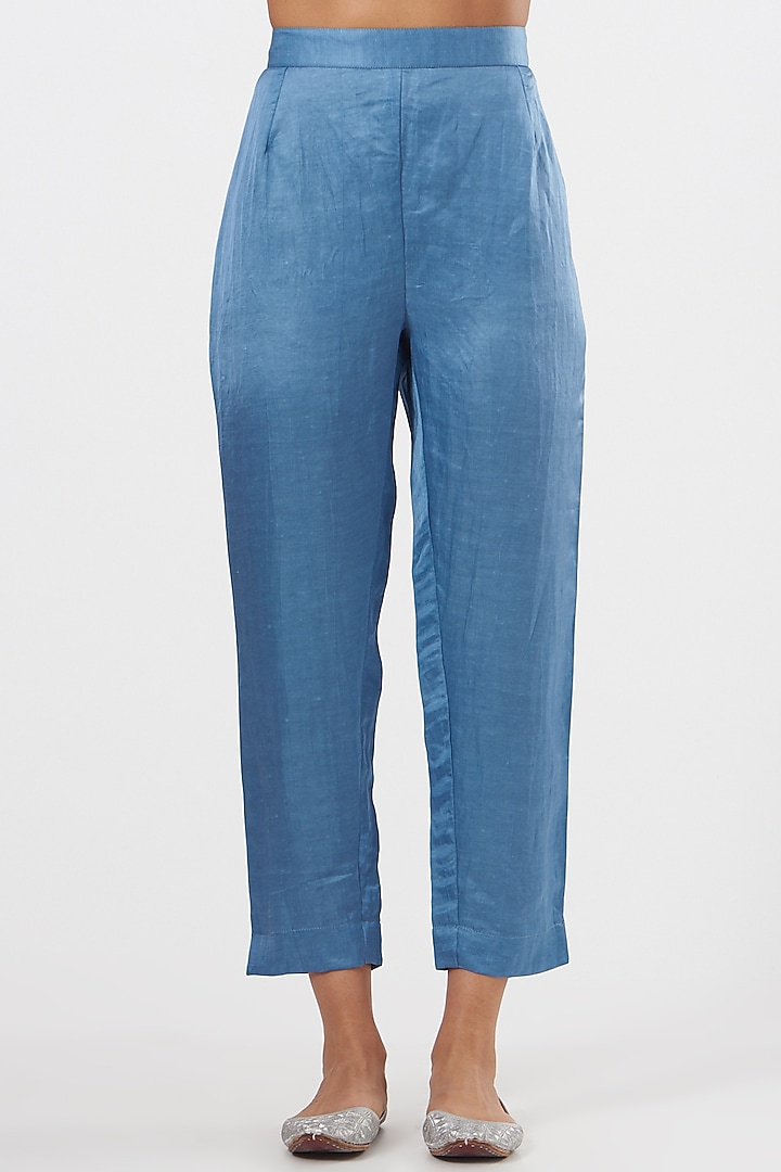 Dusty Blue Linen Blend & Silk Straight Pant Set by Poshak apparels at Pernia's Pop Up Shop