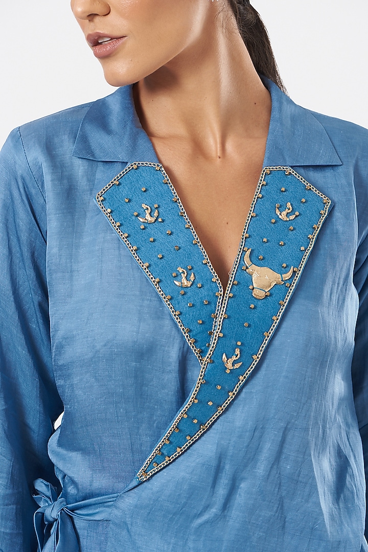 Dusty Blue Linen Blend & Silk Straight Pant Set by Poshak apparels at Pernia's Pop Up Shop