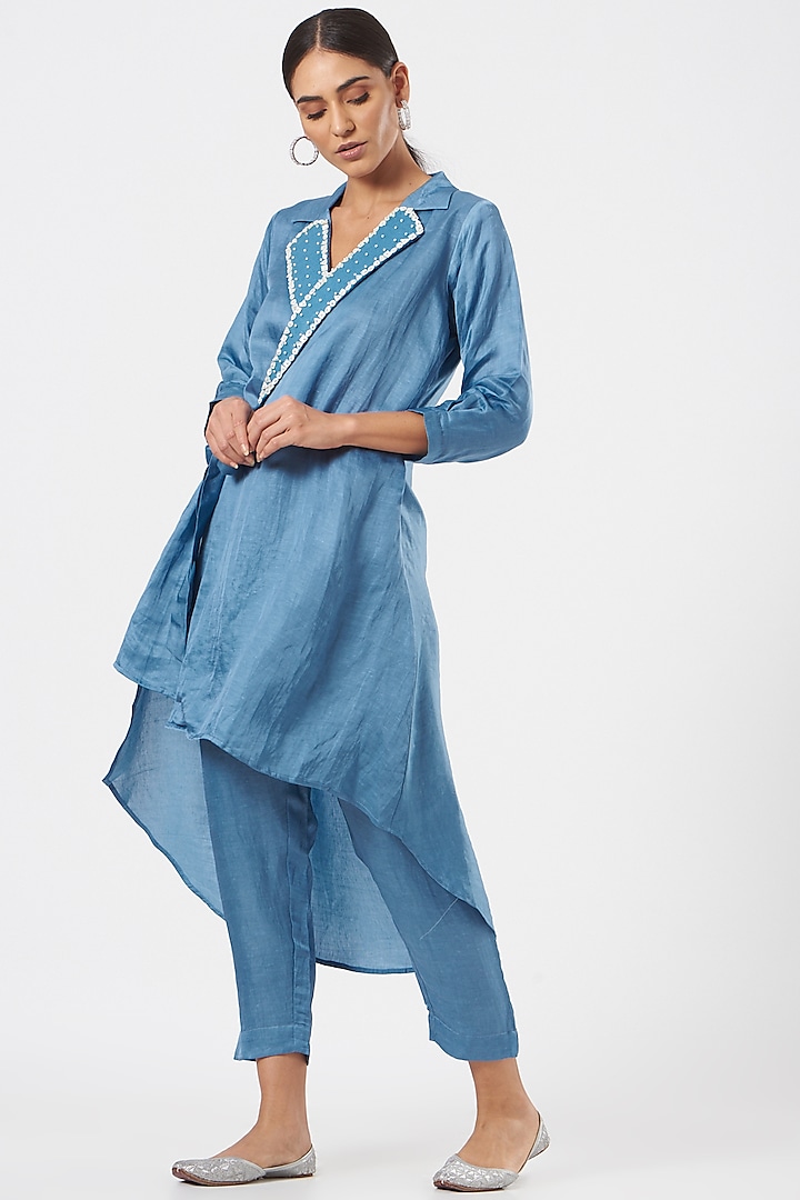 Dusty Blue Silk & Linen Blend Straight Pant Set by Poshak apparels