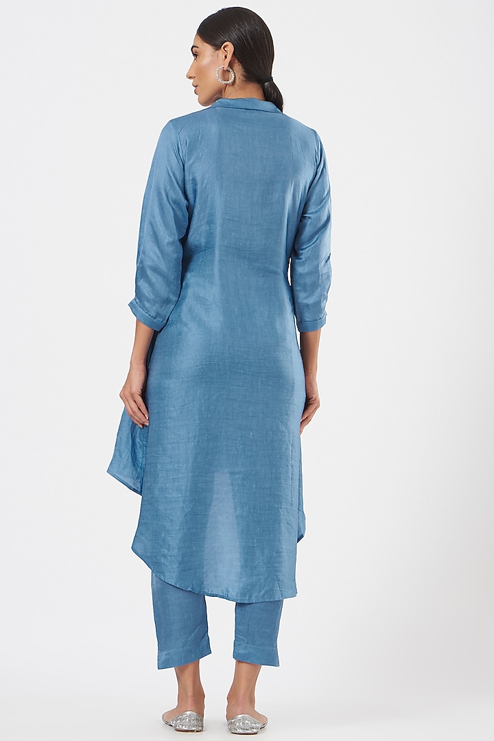 Dusty Blue Silk & Linen Blend Straight Pant Set by Poshak apparels at Pernia's Pop Up Shop