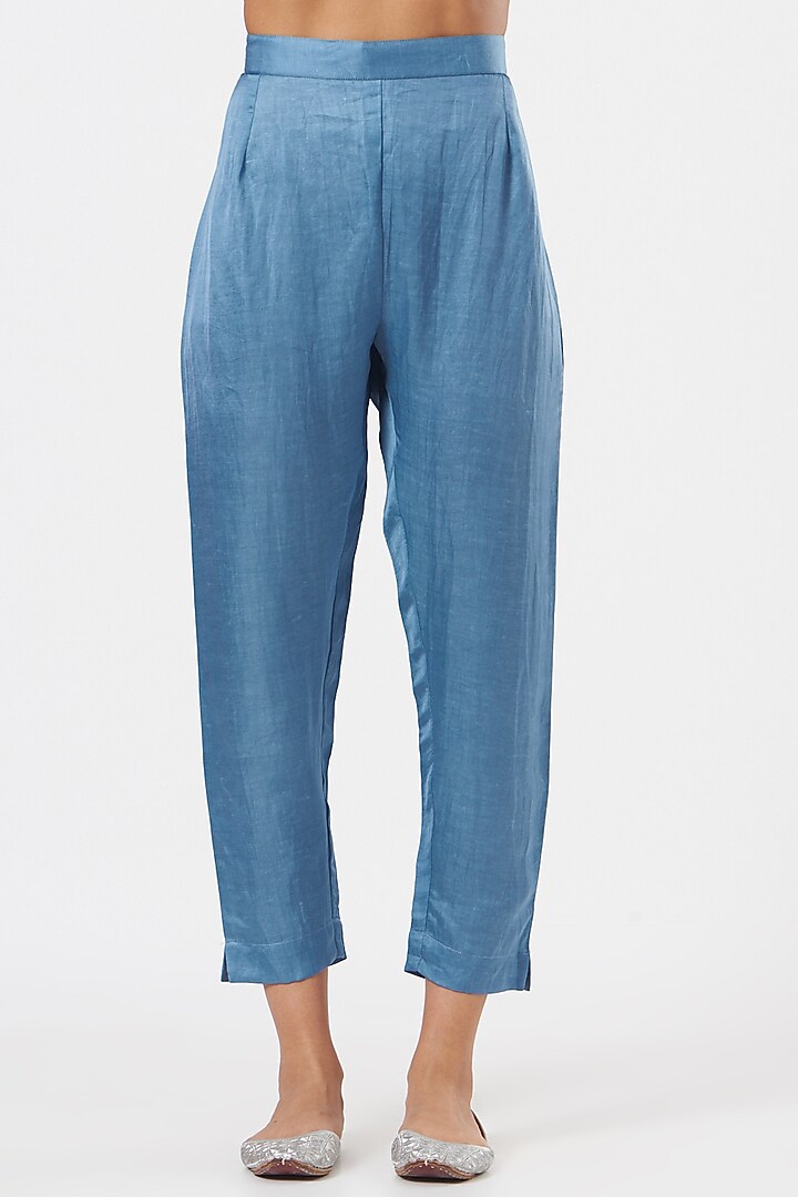 Dusty Blue Silk & Linen Blend Straight Pant Set by Poshak apparels at Pernia's Pop Up Shop