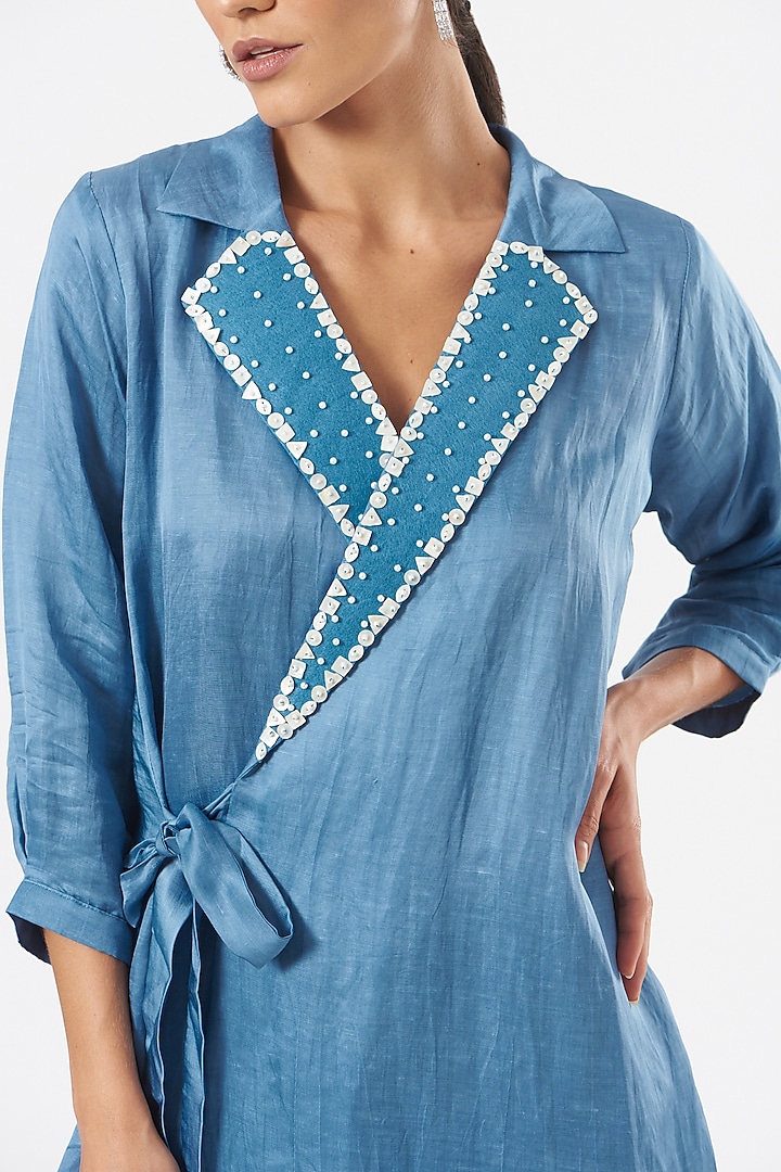 Dusty Blue Silk & Linen Blend Straight Pant Set by Poshak apparels at Pernia's Pop Up Shop