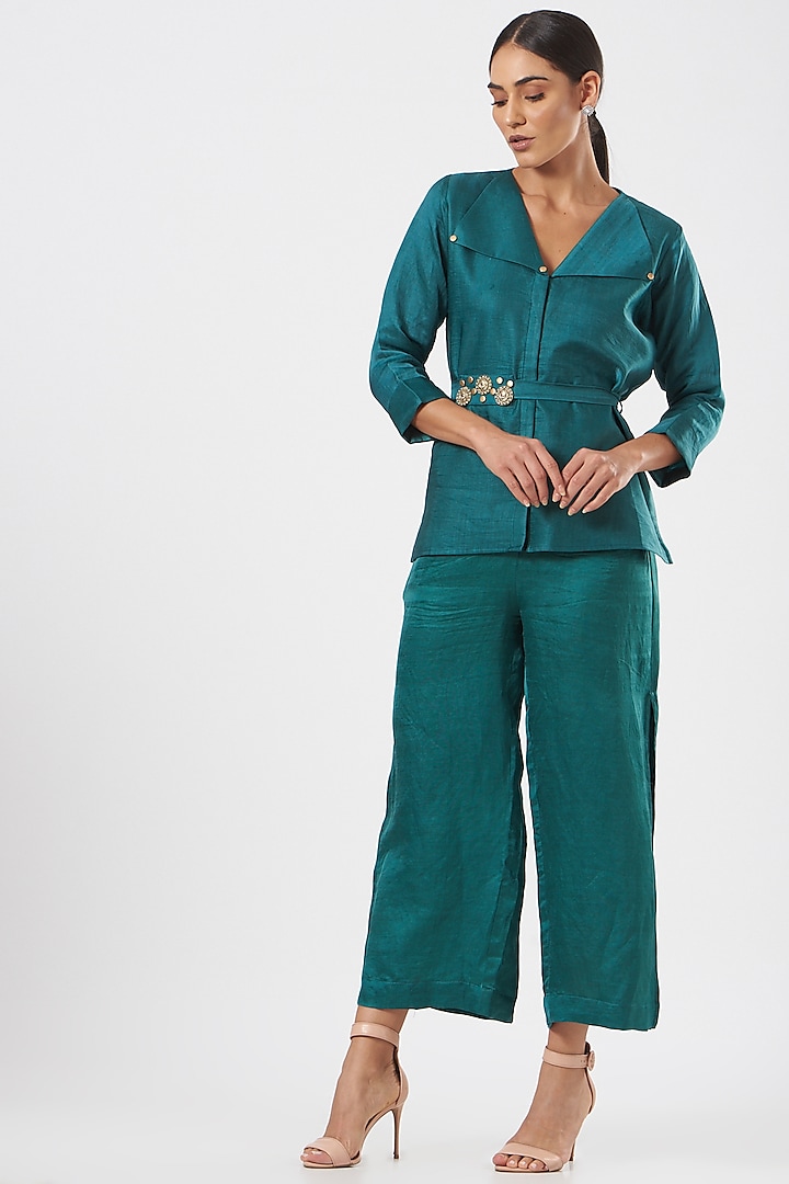 Teal Green Linen Blend & Silk Short Jacket Set by Poshak apparels