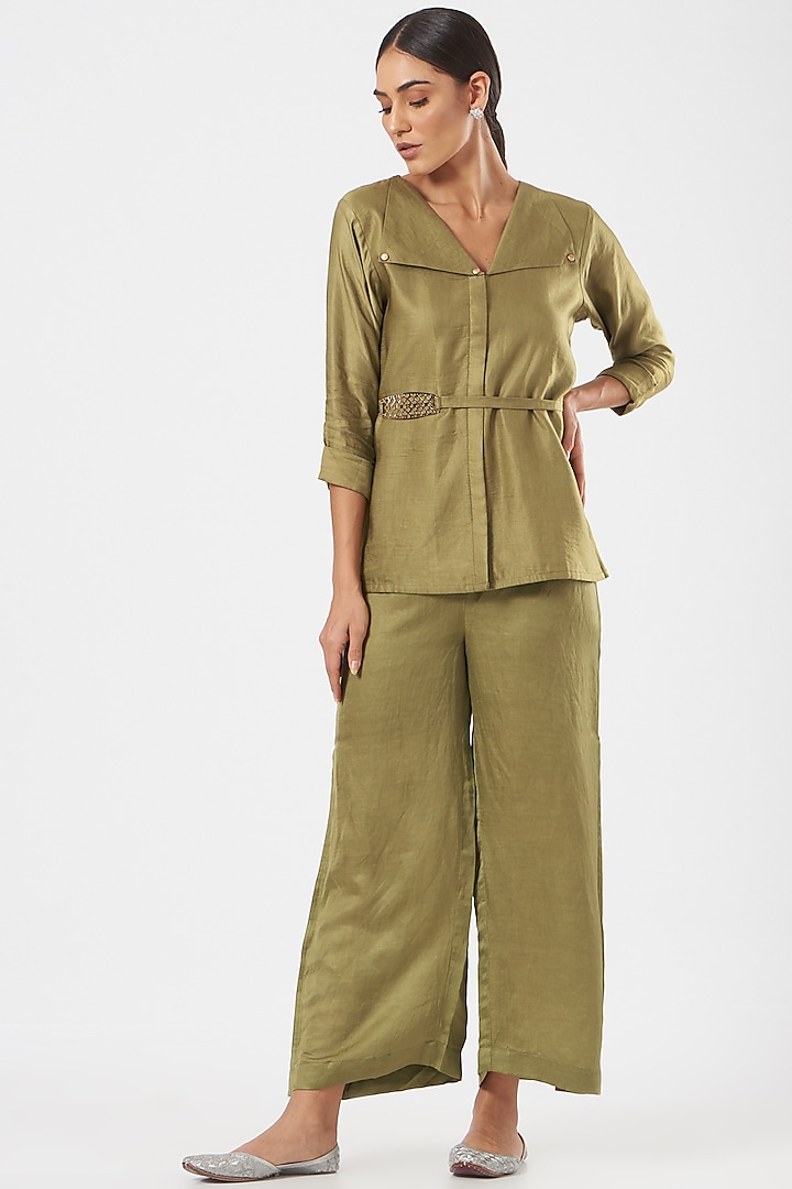 Olive Green Linen Blend & Silk Short Jacket Set by Poshak apparels