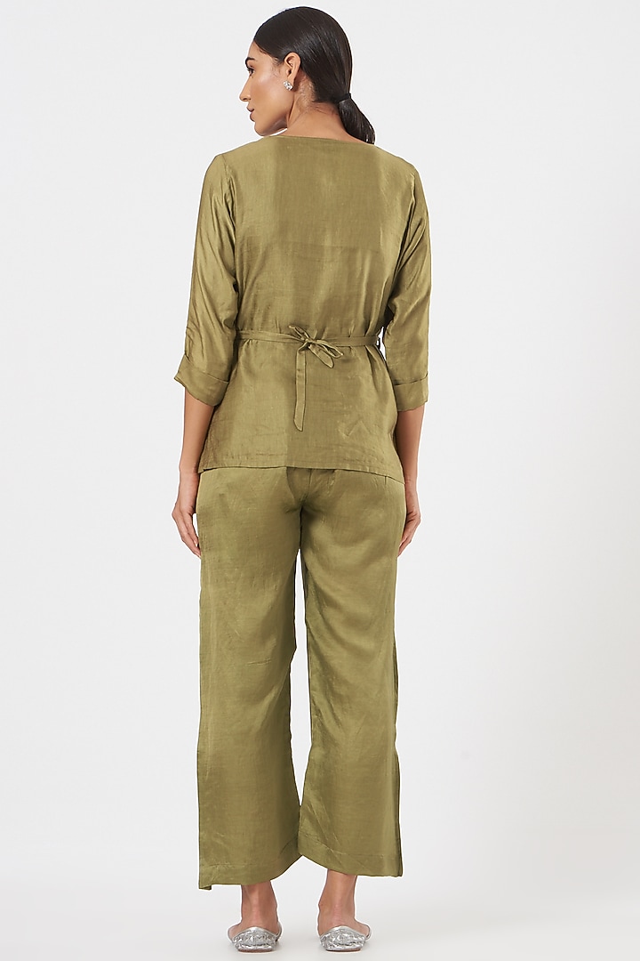 Olive Green Linen Blend & Silk Short Jacket Set by Poshak apparels at Pernia's Pop Up Shop