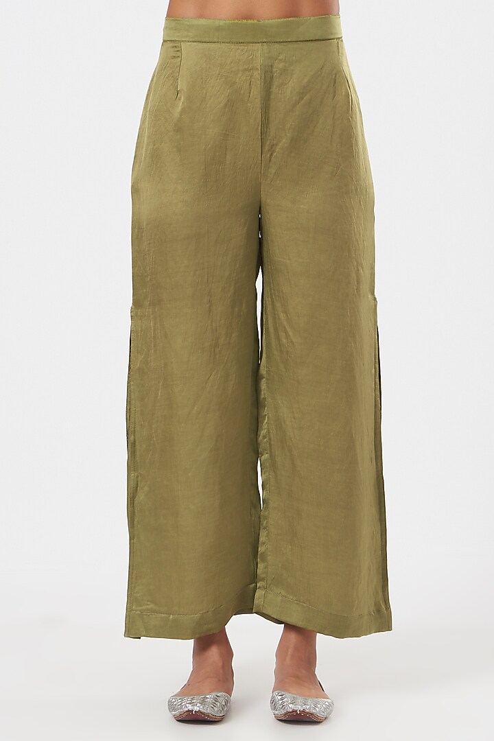 Olive Green Linen Blend & Silk Short Jacket Set by Poshak apparels at Pernia's Pop Up Shop