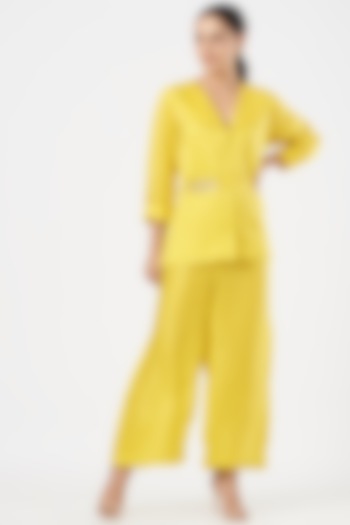 Lemon Yellow Linen Blend & Silk Short Jacket Set by Poshak apparels