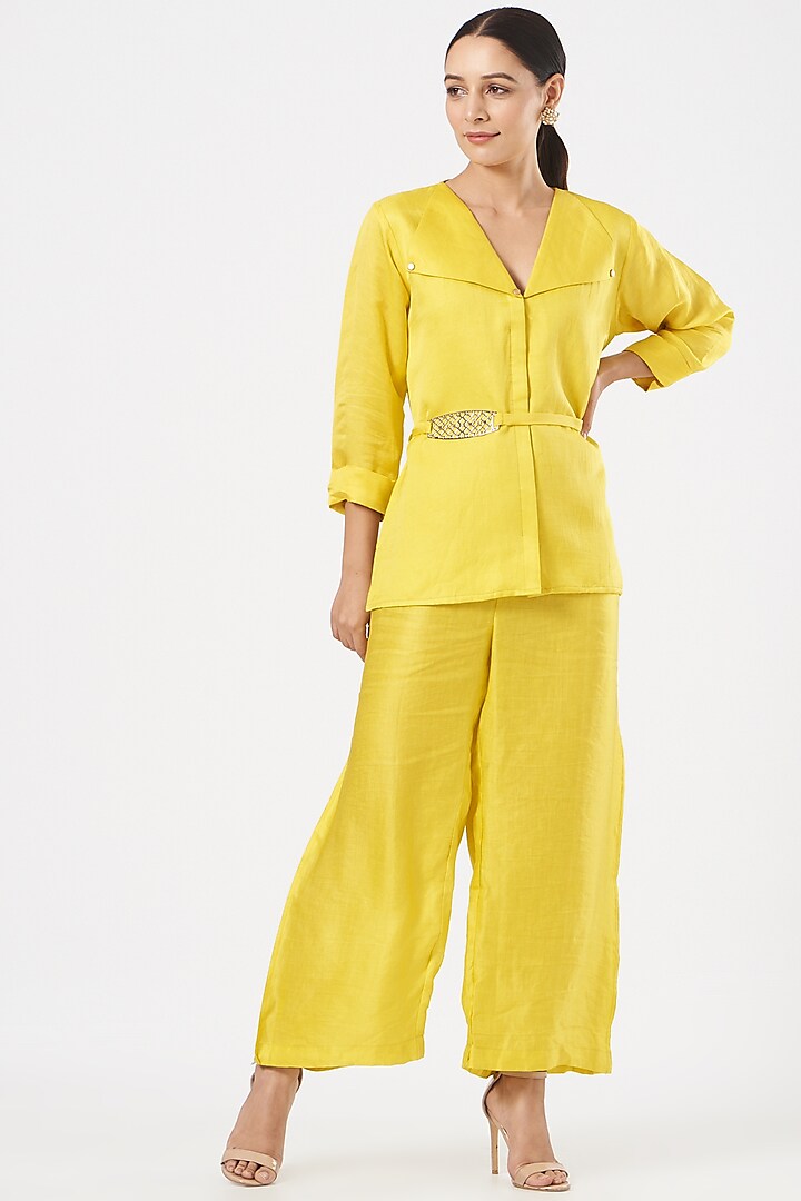 Lemon Yellow Linen Blend & Silk Short Jacket Set by Poshak apparels