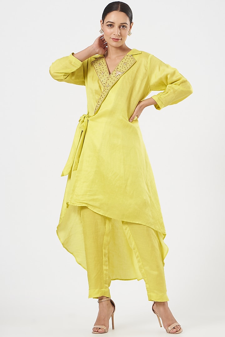 Parrot Green Linen Blend & Silk Straight Pant Set by Poshak apparels at Pernia's Pop Up Shop