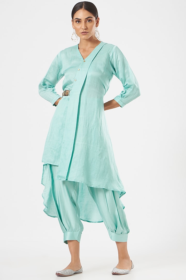 Ice Blue Linen Blend & Silk Harem Pant Set by Poshak apparels at Pernia's Pop Up Shop