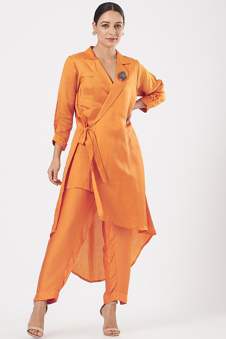 Bright Orange Linen Blend & Silk Straight Pant Set by Poshak apparels