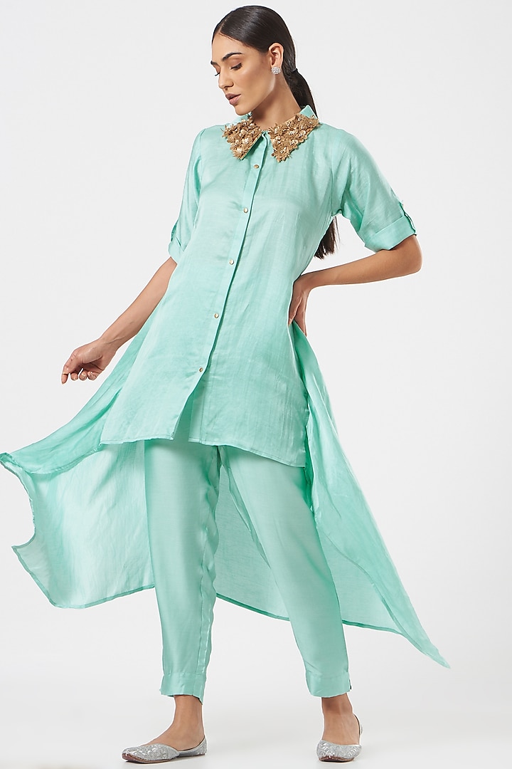 Ice Blue Embroidered High-Low Tunic Set by Poshak apparels