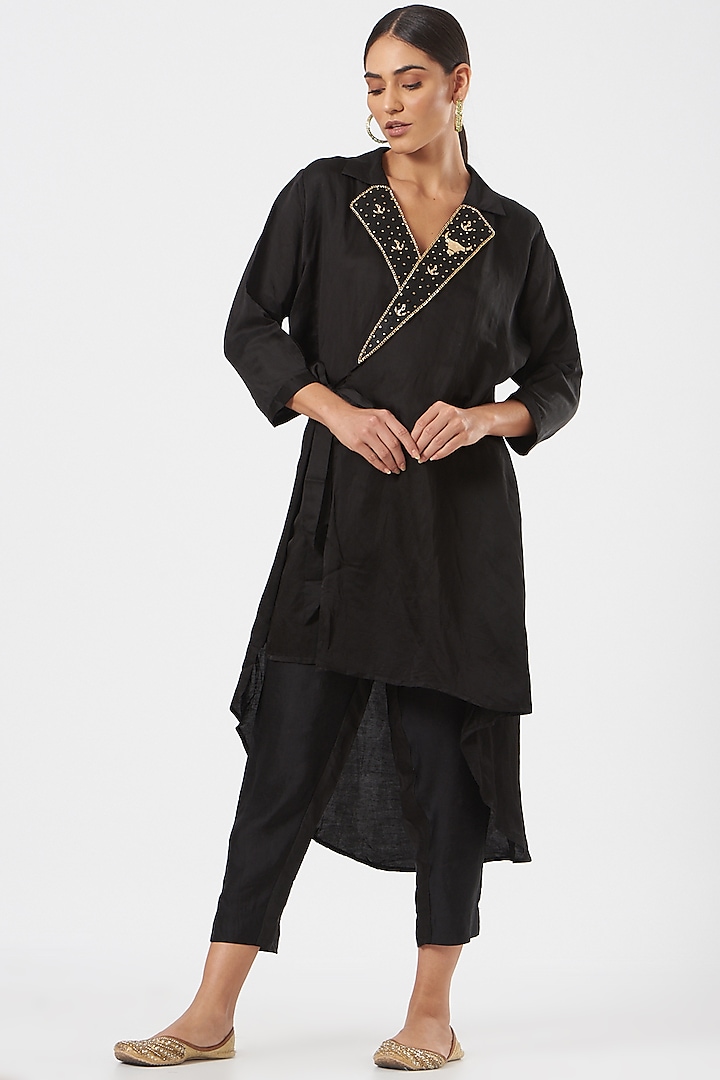 Black Linen Blend & Silk Straight Pant Set by Poshak apparels at Pernia's Pop Up Shop