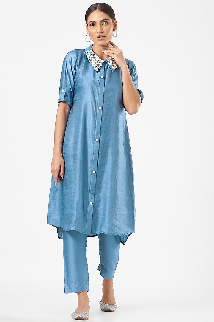 Dusty Blue Embroidered Long Tunic Set by Poshak apparels