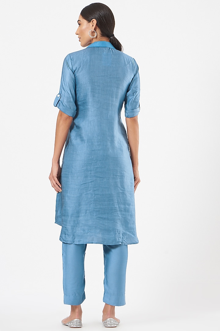 Dusty Blue Embroidered Long Tunic Set by Poshak apparels at Pernia's Pop Up Shop