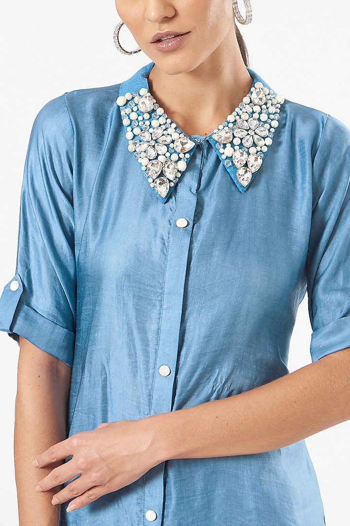 Dusty Blue Embroidered Long Tunic Set by Poshak apparels at Pernia's Pop Up Shop