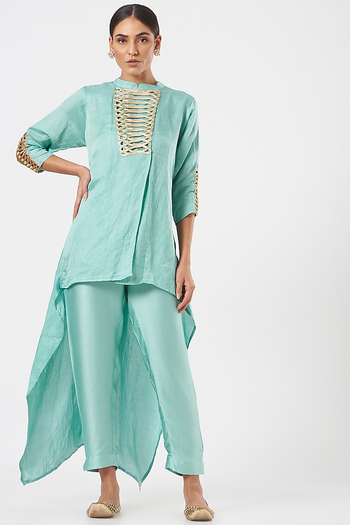 Ice Blue Embroidered Asymmetrical Tunic Set by Poshak apparels at Pernia's Pop Up Shop