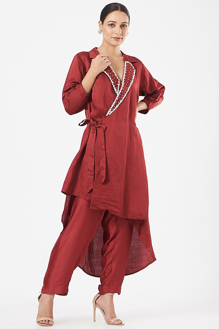 Maroon Silk & Linen Blend Straight Pant Set by Poshak apparels