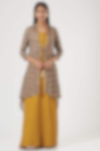 Mustard Crepe Chinon Gown With Jacket by POSHAAK