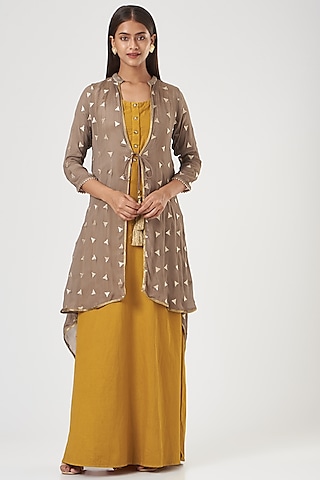 Mustard Crepe Chinon Gown With Jacket by POSHAAK