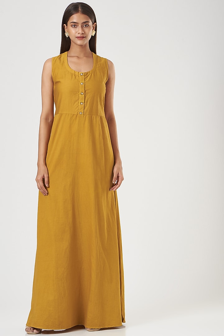 Mustard Crepe Chinon Gown With Jacket by POSHAAK at Pernia's Pop Up Shop