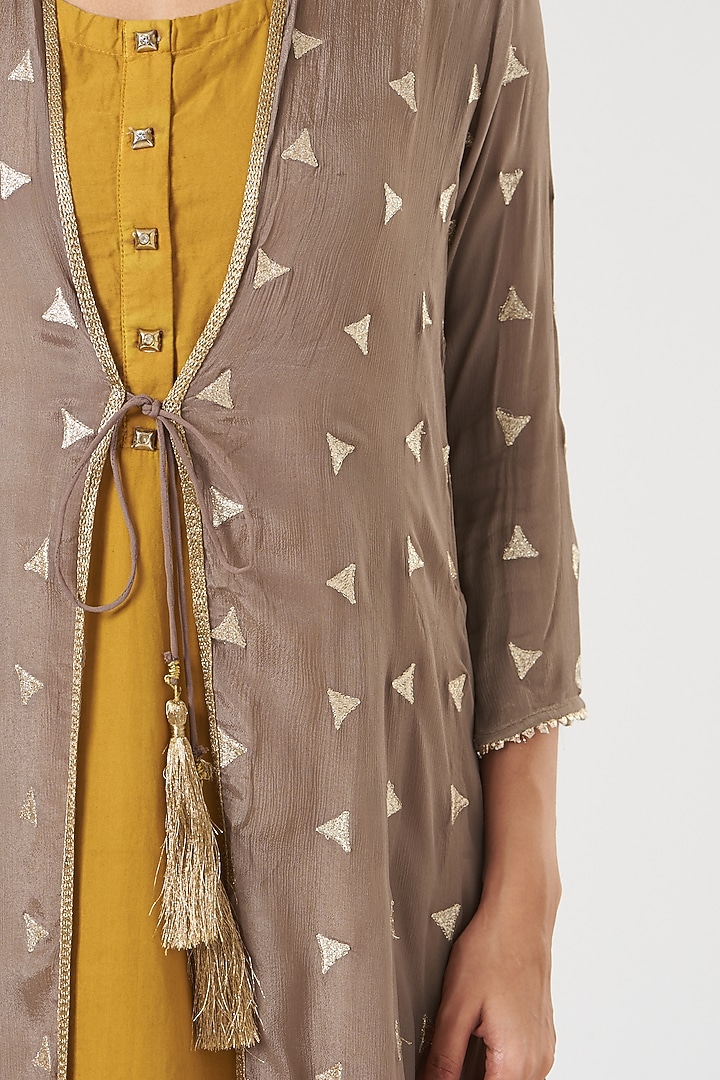 Mustard Crepe Chinon Gown With Jacket by POSHAAK at Pernia's Pop Up Shop