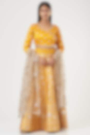 Mustard Embroidered Lehenga Set by POSHAAK