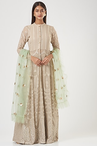 Beige Embellished Sharara Set by POSHAAK