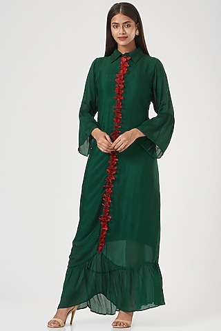 Bottle Green Crepe Chinon Dress by POSHAAK
