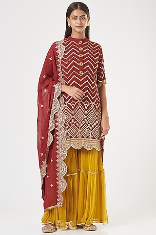 Mustard Net Gharara Set by POSHAAK