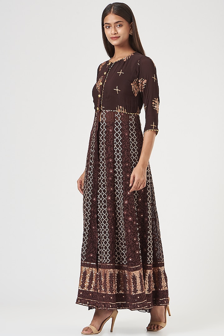 Brown Gown With Embroidered Jacket by POSHAAK