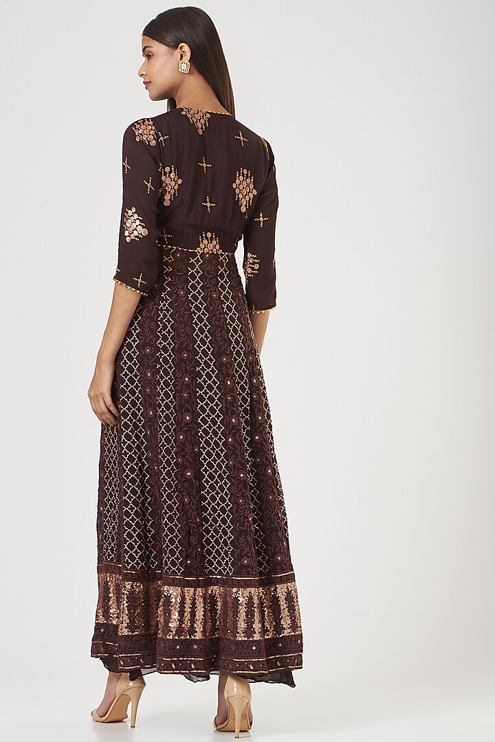 Brown Gown With Embroidered Jacket by POSHAAK at Pernia's Pop Up Shop
