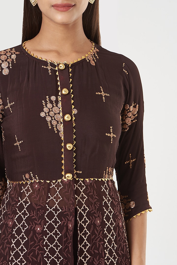 Brown Gown With Embroidered Jacket by POSHAAK at Pernia's Pop Up Shop