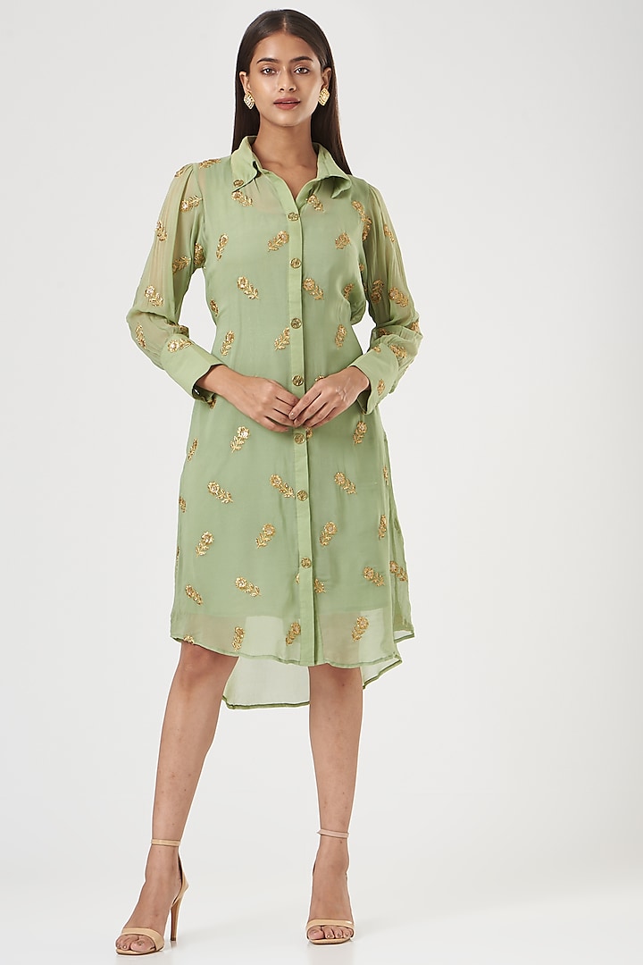 Mint Green Embroidered Dress by POSHAAK