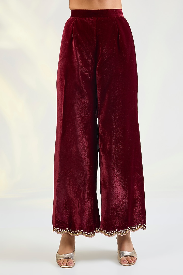 Maroon Velvet Mirror Hand Embellished Kurta Set by POULI at Pernia's Pop Up Shop