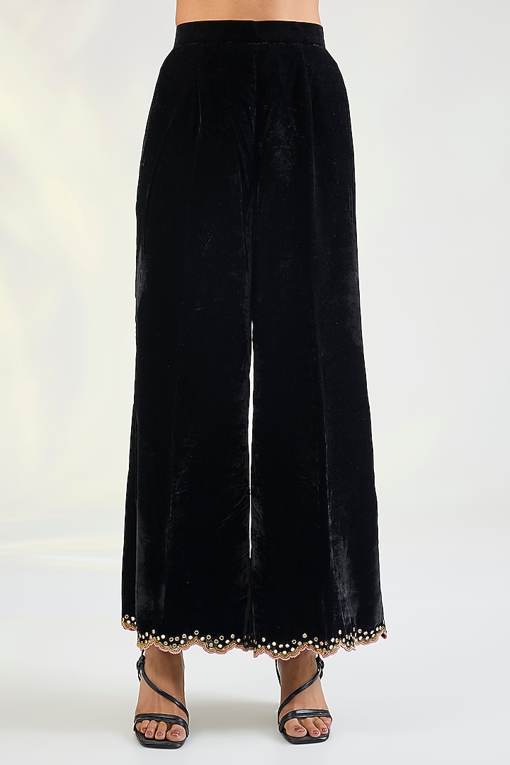 Black Velvet Mirror Hand Embellished Kurta Set by POULI at Pernia's Pop Up Shop