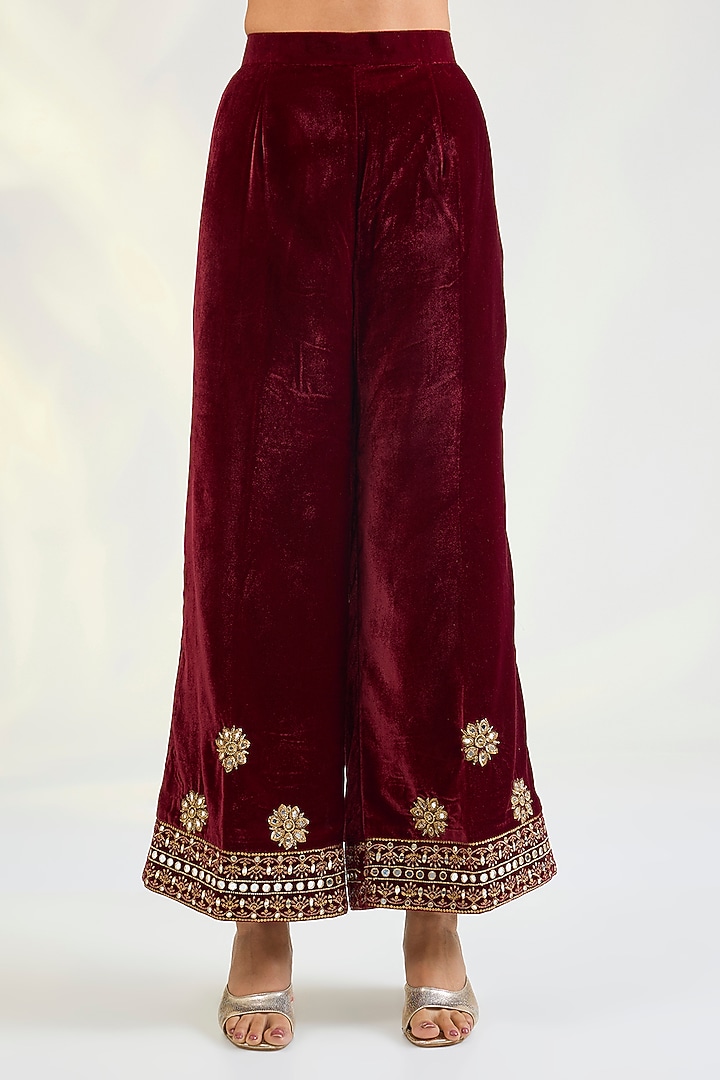 Maroon Velvet Mirror & Zardosi Embroidered Asymmetric Kurta Set by POULI at Pernia's Pop Up Shop