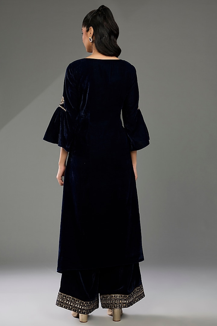 Navy Blue Velvet Mirror Embroidered Asymmetric Kurta Set by POULI at Pernia's Pop Up Shop