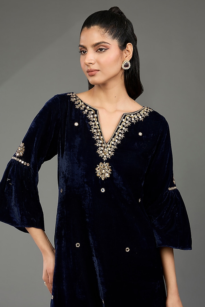 Navy Blue Velvet Mirror Embroidered Asymmetric Kurta Set by POULI at Pernia's Pop Up Shop