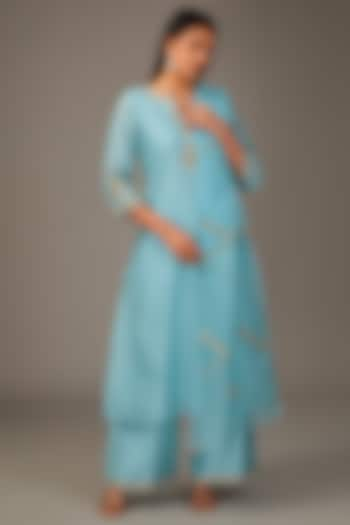 Blue Chanderi Resham Embroidered Kurta Set by Pouli Pret