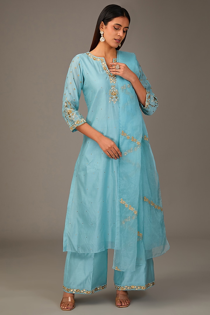 Blue Chanderi Resham Embroidered Kurta Set by Pouli Pret