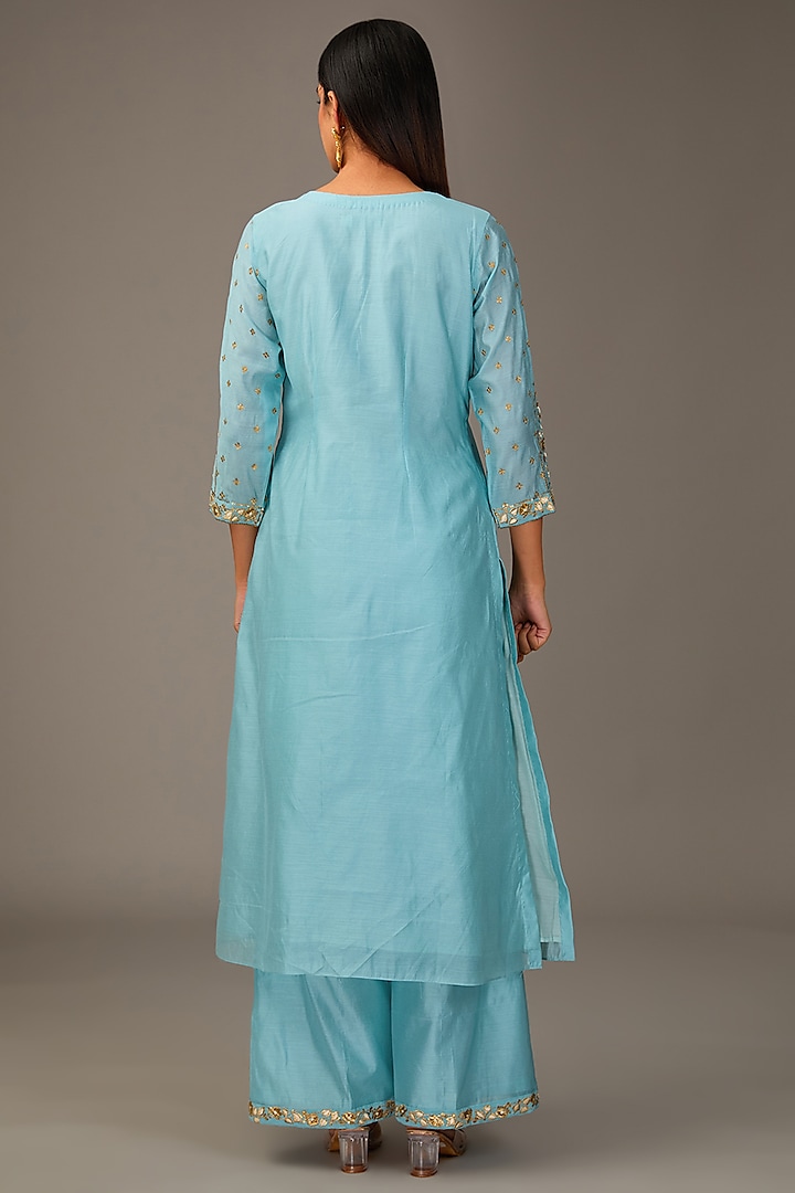 Blue Chanderi Resham Embroidered Kurta Set by POULI at Pernia's Pop Up Shop