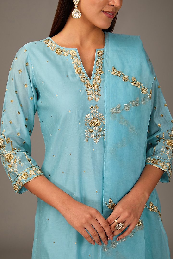 Blue Chanderi Resham Embroidered Kurta Set by POULI at Pernia's Pop Up Shop