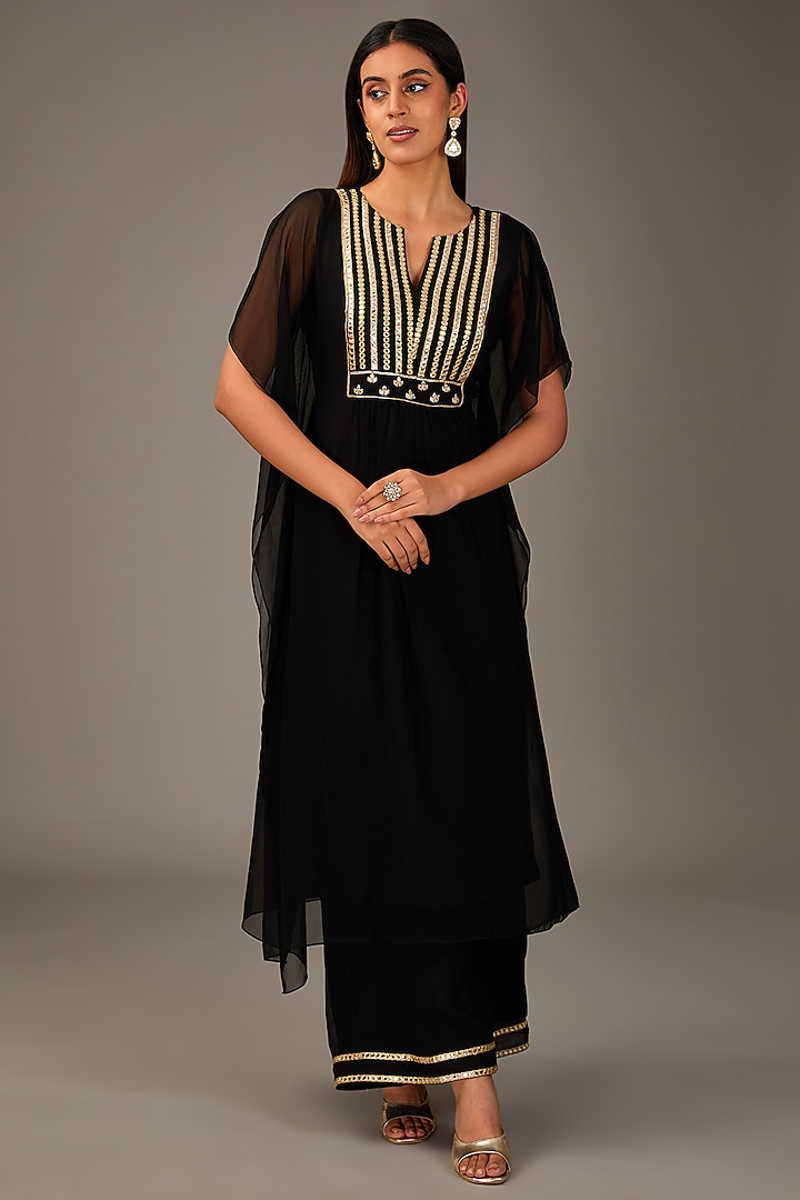 Black Georgette Zari Embroidered Kaftan Set by Pouli Pret at Pernia's Pop Up Shop